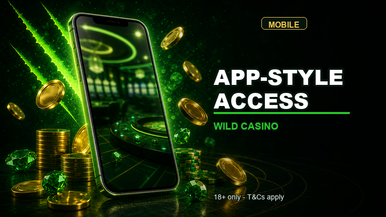 Wild Casino mobile phone with green casino glow
