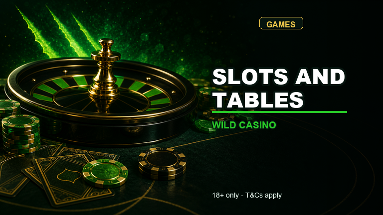 Wild Casino game room with roulette and slot reels